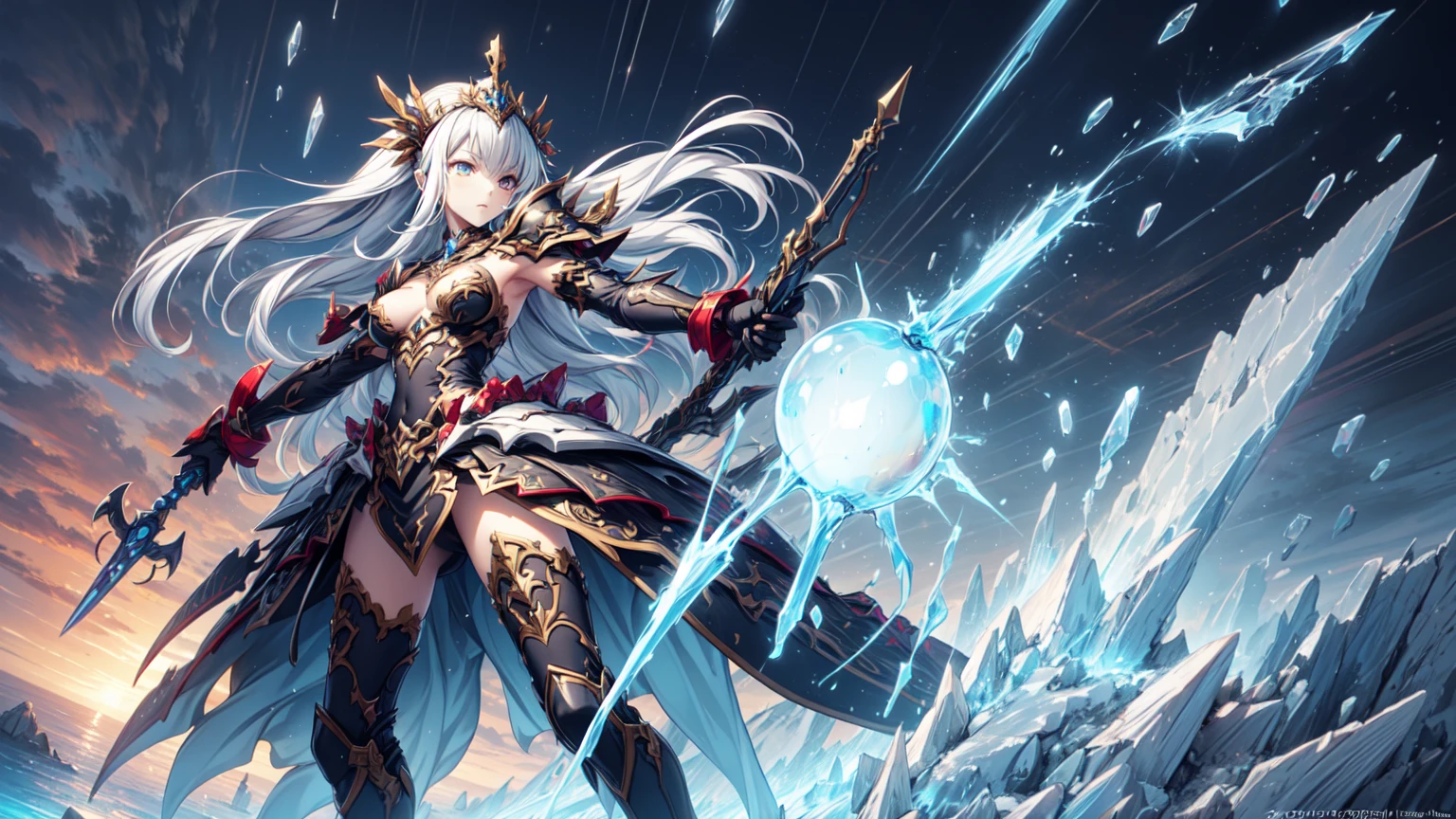 (Perfect Anatomy)、Mastepiece、Ultra High Quality、 8K、masterpiece、Highest quality、Ultra-high resolution、Maximum resolution、Very detailed、Professional Lighting、anime、woman、thin、so beautiful、Highly detailed eye、Highly detailed face、Blue and white armor, , Golden decorated luxury tiara,Golden earrings,Frilly Armor,Light blue hair, blue eyes,White underwear、Gloss Lip、Pink Lips、grassland, full body, dynamic angle, dynamic pose, Heroic pose, pillars of ice, (((long sword))), (((shield))), Defending with water magic, Making eyes glow, attack, Swinging down a sword, goddess armor, high heels, floating hair, (Monsters attack:1.8), (((Freezing opponents with ice magic))), victory pose