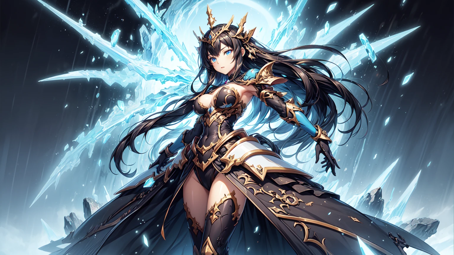 (((masterpiece, best quality, high detailed, 8k))) Design a layout showcase Gaming character, (1girl). Black|Gold clothes, stylish and unique. ((showcase weapon:1.4)), dark scythe. (masterpiece:1.2), (best quality), 4k, ultra-detailed. (Step by step design, layout art:1.5), (luminous lighting, atmospheric lighting). necromancer, ((glove full hands)), (((revealing clothes:1.3))), vambraces, armored legwear, (((full_body_shot:1.4))). {In a haunted graveyard}.