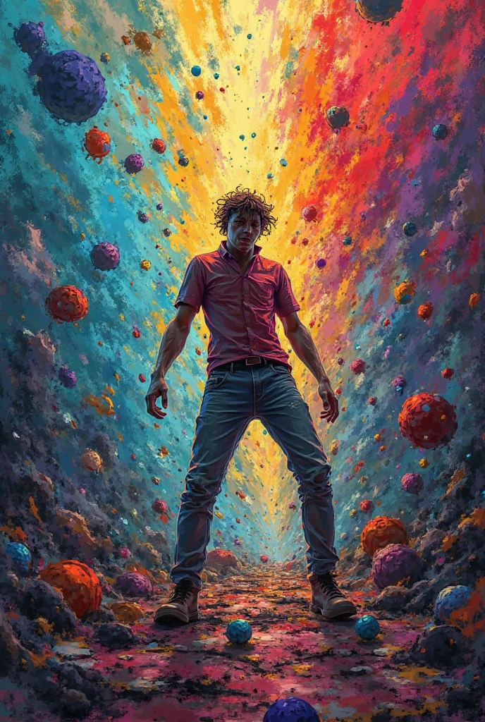 A teenage deliquent boy, his arms are both in a shared cast,he wears brown shorts and a jacket with purple,orange,red and blue colors, he appears a bit muscular and his back has coral coming out from it
Tanish skin