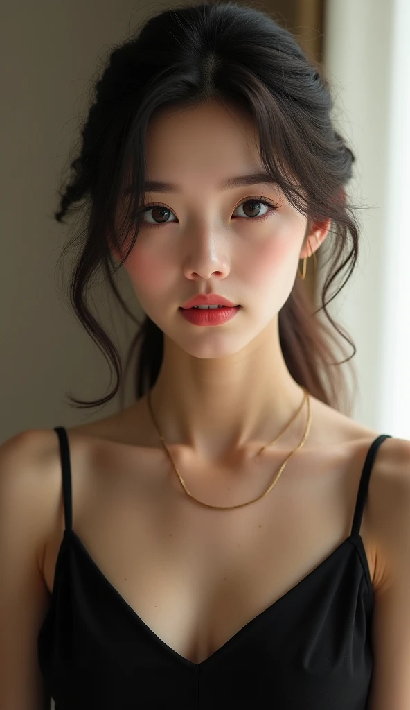 An Asian woman in a black tank top, with the close-up focusing on her bare shoulders and elegant neckline, her skin glowing like silk under soft lighting.