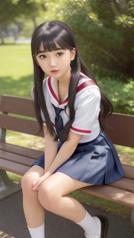 high school girl、Knees raised and legs wide apart、sitting on a park bench、Navy blue uniform、A big red ribbon on the chest、mini skirt、No underwear、No bra、Long black hair、ponytail、Big Breasts、Moist eyes、Embarrassed expression、Droopy eyes、White knee-high socks、Baby Face、Plump Cheeks、White blouse wet in the rain、Pink nipples、genital、Masturbation