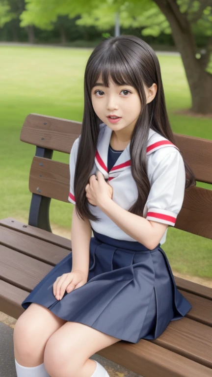 (8K),(masterpiece),(Japanese),(8-year-old girl),((Innocent look)),((Childish)),from the front,Sailor suit,Checked black short skirt,(Carrying a red backpack),Sit with your knees hugged,Serious face,,Innocent,Kind eyes,Straight hair,Hair blowing in the wind,Black Hair,Somewhat strong wind,noon,bright