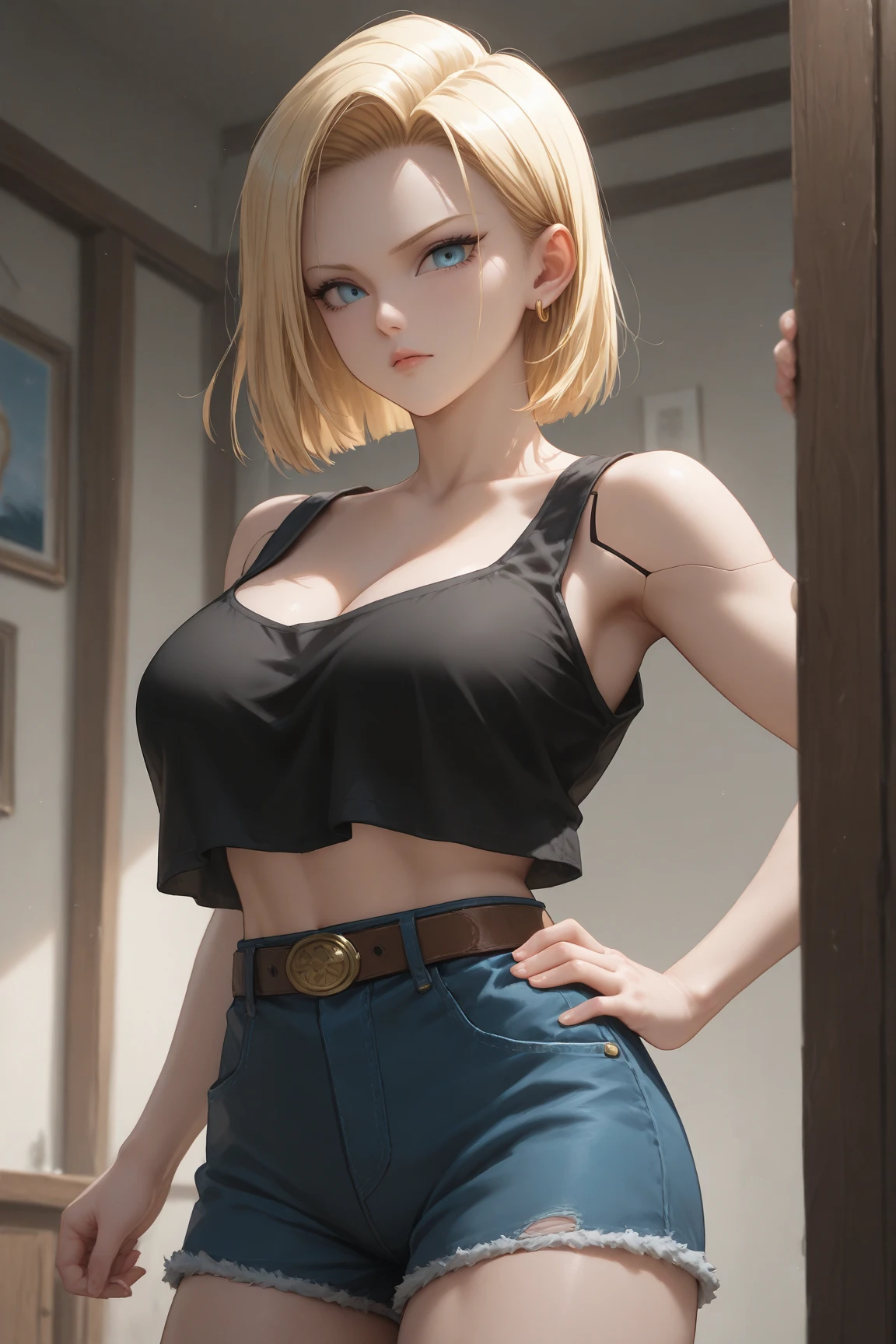 (masterpiece, best quality, high resolution, 8k:1.2), unity 8k wallpaper, (beautiful detailed eyes:1.2), highly detailed face, perfect lighting, highly detailed CG, (perfect hands, perfect anatomy), charlotte dunois, charlotte dunois, short hair, blonde, (purple eyes:1.1), (Glamour:1.2), (large breasts:1.4), (Tank top, shorts, indoors, women's room, bed),
looking at the viewer, (cowboy shot:1.2), dutch angle,