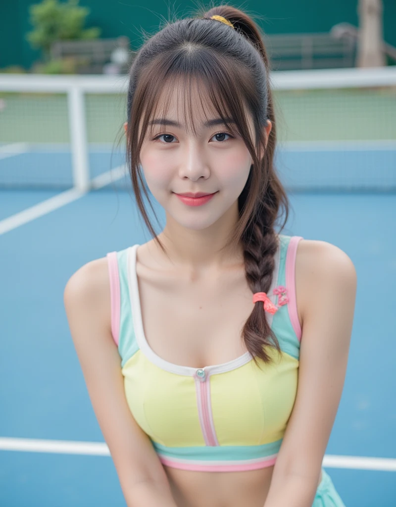 high quality, highres, 1080P, HD, 8k pretty woman, 1girl, (young,1 person),(girl, 21 years old), Smiling face, Brown Hair, ponytail, Pink ribbon,Cute face, (((Outdoor, Tennis court))), ((Sleeveless tennis uniform)))、Pose with a racket、