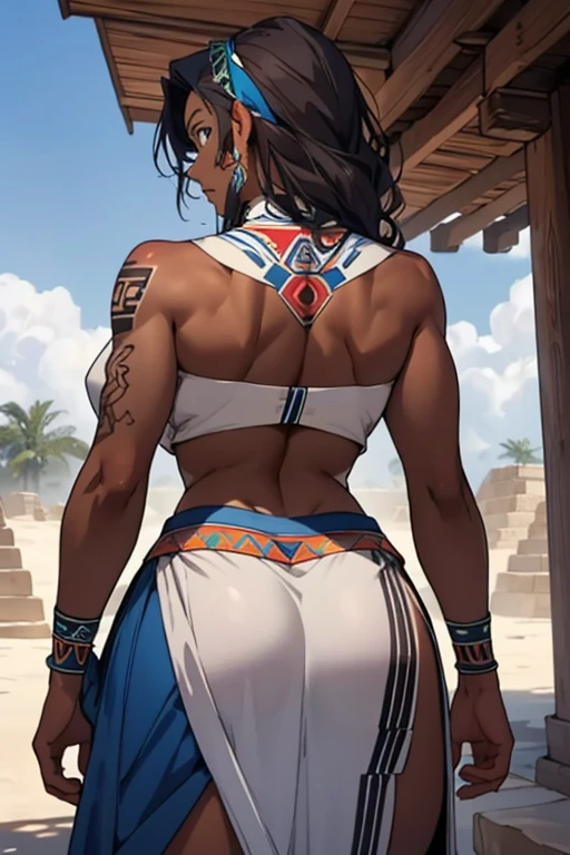 ((Frank Frazetta)), Beautiful full-bodied black woman, 30 years old, African woman, African adornments, muscular and perfect body, ((((back))), (((Perfect ass))), dreadlock hair, dark skin shiny with oil and sweat, gladiator with little clothing, tiny old body thong, metal bra covering only small part of large breasts, bleeding wounds, scars all over the body, African tribal tattoo, white paint on the face, left arm covered in metallic gladiator armor, large breasts, generous neckline, holding a shield and a blood-stained spear, brave face, dark kingdom, sexy pose, walking in a dungeon
