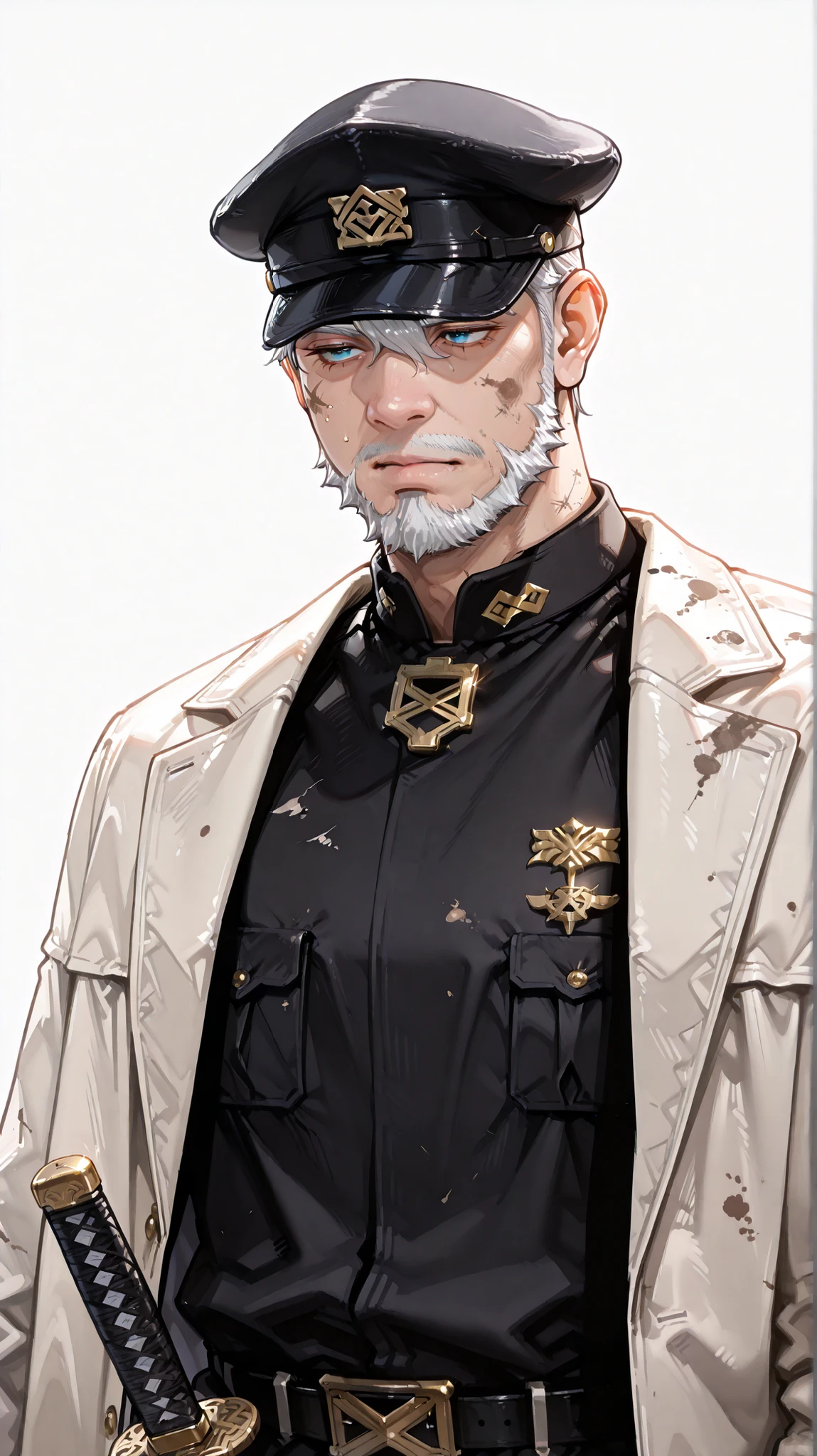 (masterpiece, Highest Quality, high image quality: 1.2), male, alone,(masterpiece, Highest Quality, Highest Quality:1.2), very detailed,most detailed ((Super Detail)), (very detailedCGイラスト), ((VERY DELICATE))、Collared Uniform 、 Japanese sword、 Simple Uniform 、Uniform cap、中年male性、50代male性、Bearded、 dirty face 、Father