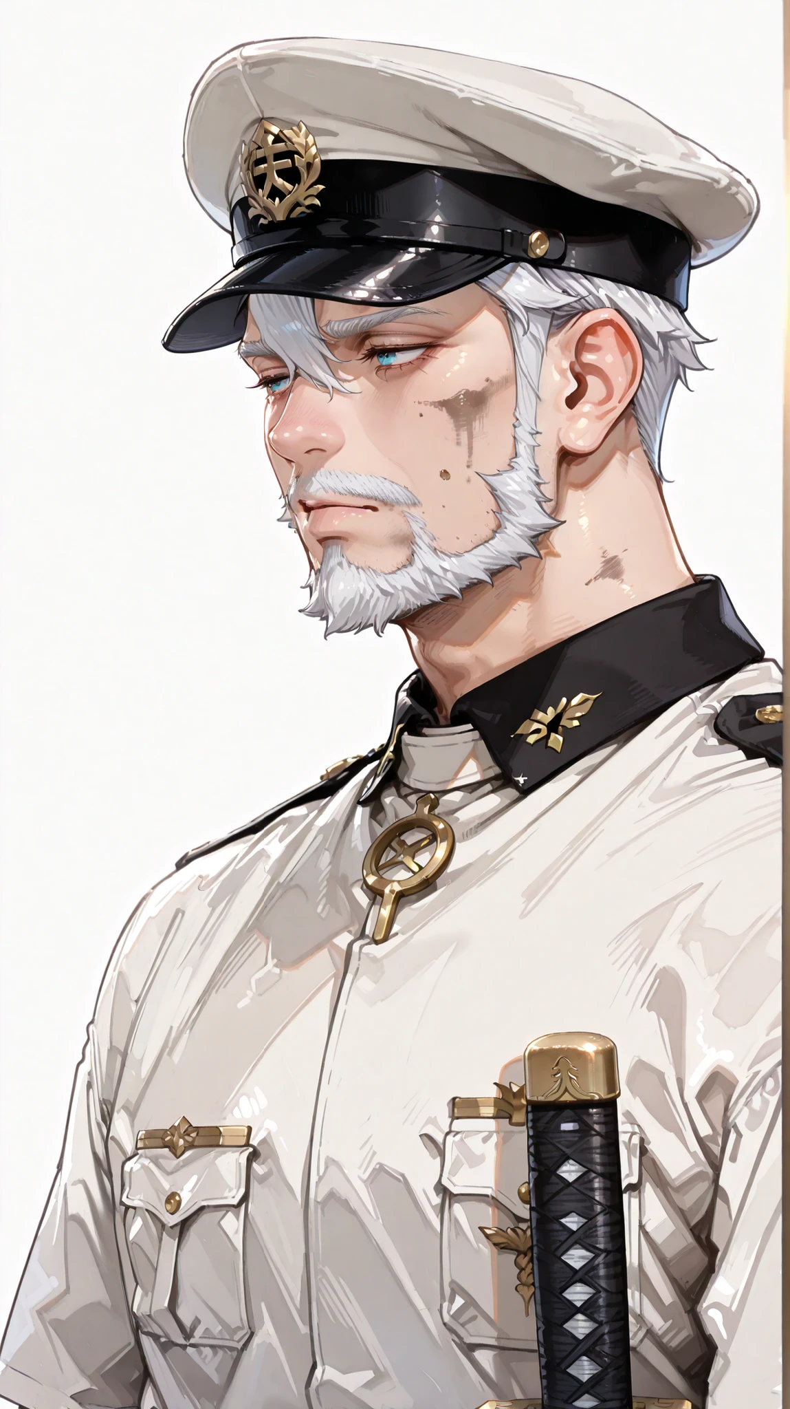 (masterpiece, Highest Quality, high image quality: 1.2), male, alone,(masterpiece, Highest Quality, Highest Quality:1.2), very detailed,most detailed ((Super Detail)), (very detailedCGイラスト), ((VERY DELICATE))、Collared Uniform 、 Japanese sword、 Simple Uniform 、Uniform cap、中年male性、50代male性、Bearded、 dirty face 、Father