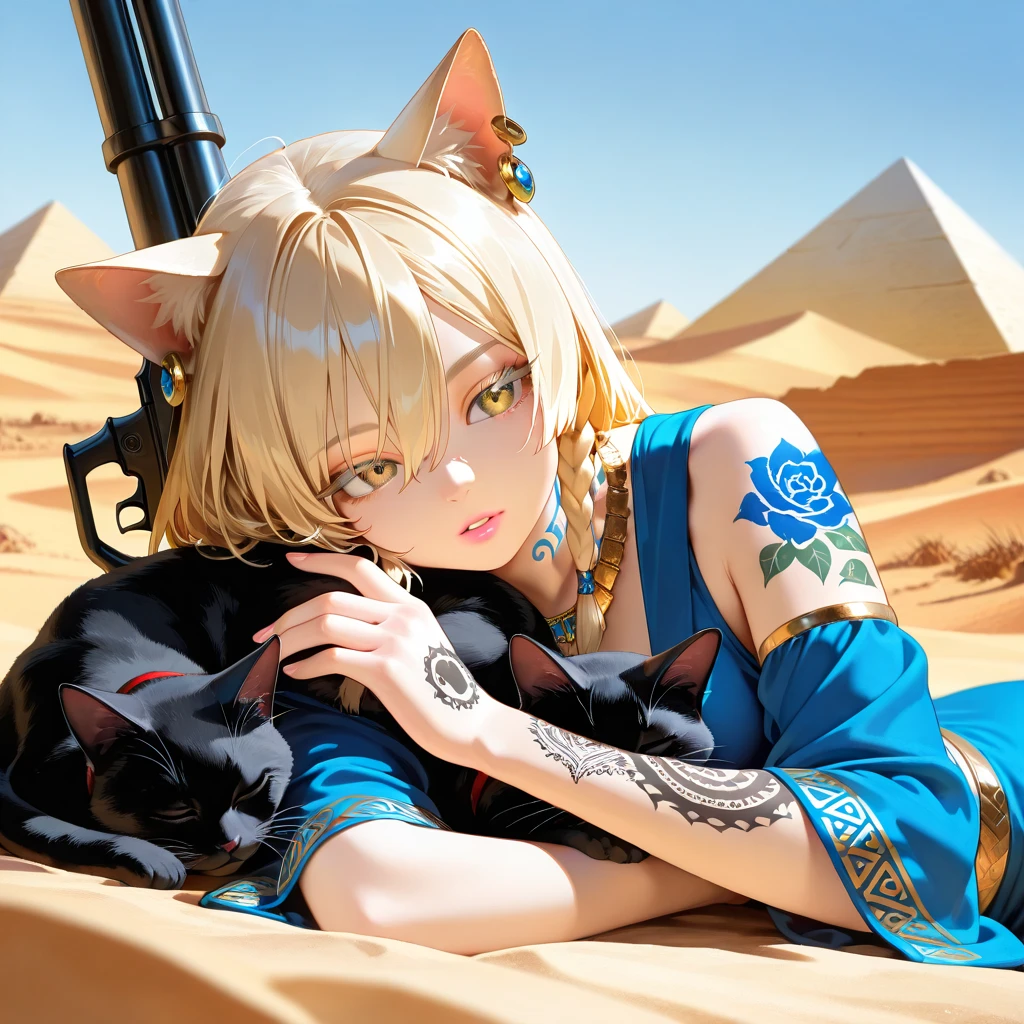 ((girl is sand cat)), neco, in desert, ((in taureg clothes)). very hot, a sun, wallpaper, manga art, professional art, ultra aesthetic, body detailed, aesthetic, 