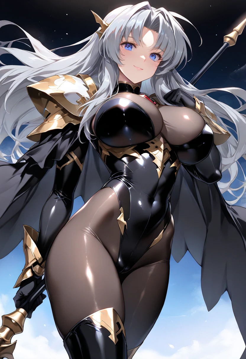 masterpiece, best quality, ultra-detailed, faye, harrier outfit, huge breasts, hand on chest, thick thighs, wicked smile, sexy eyes, wide hips, night sky, moon, glowing purple, ass