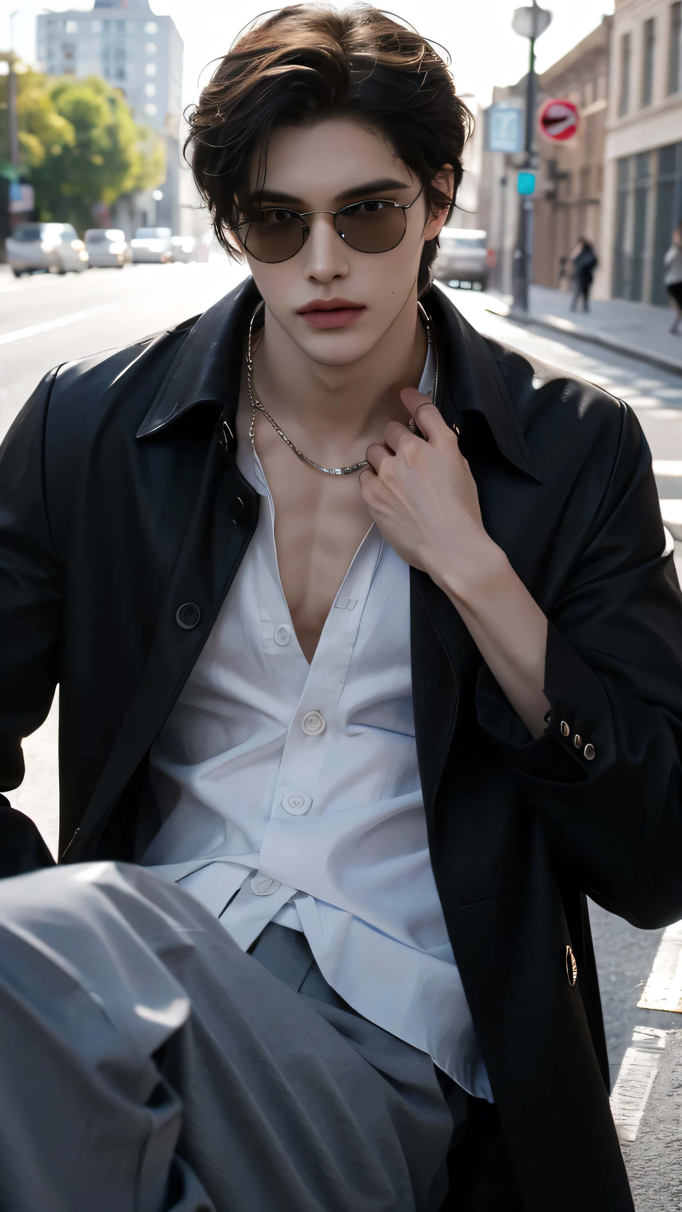 ((highest quality, 8K, masterpiece: 1.3)), empty city street, Handsome boy in street fashion:1.5, ((25-year-old man)), well-groomed face, black hair color, thin face, (white skin:1.5), (((upper body))), black eyes, Super handsome, sexy eyes, Extra-fine face, handsome nose, small eyes and face, High resolution, detailed mouth, super slim, wearing a nice button-down shirt and black trench coat, wearing black boots, (((boy))), wearing sunglasses
