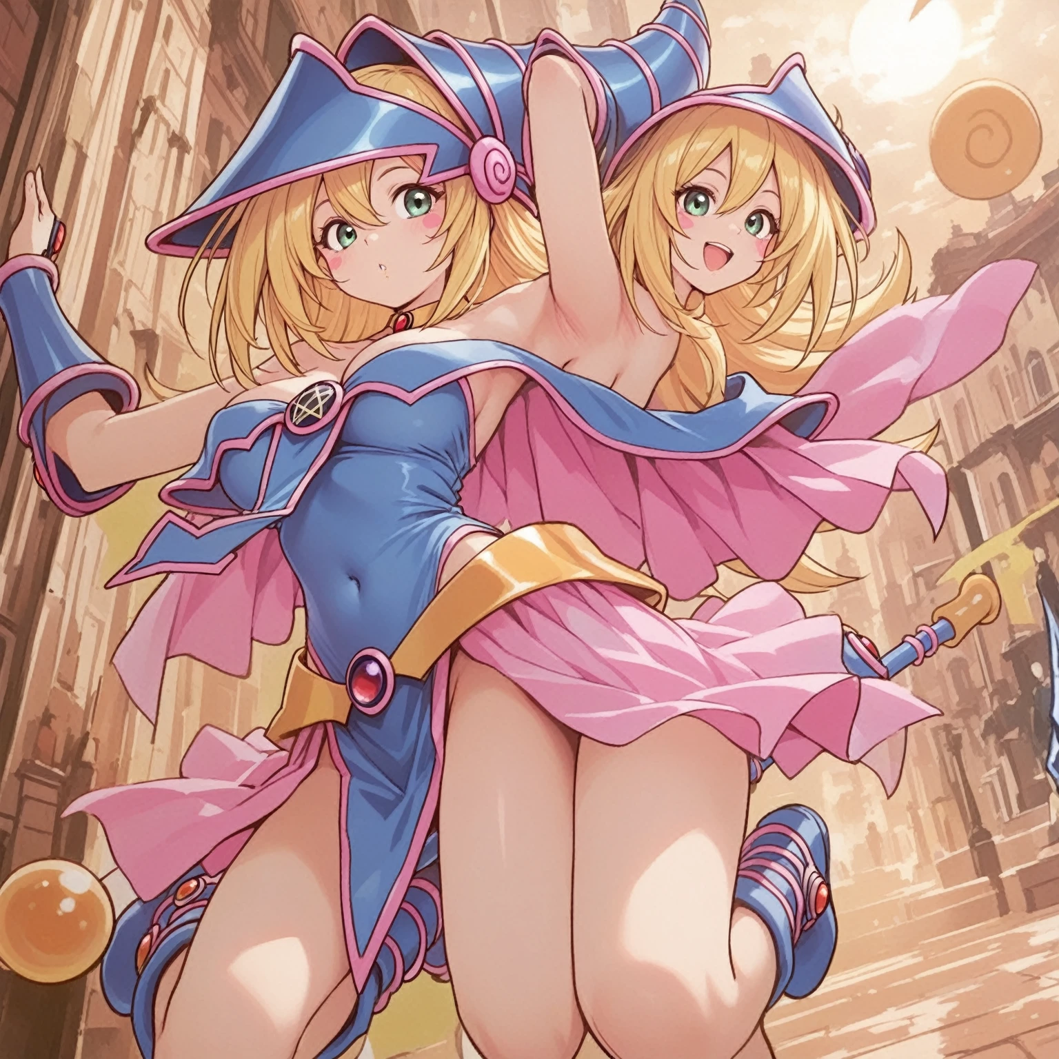 1girl、((Dark Magician Girl Yu-Gi-Oh!))、Blonde、Blue Eyes、Big Breasts、Anime Style、Bunny girl、Bunny ears hair accessory、Black thigh-high socks、blush、Highest quality、8K
