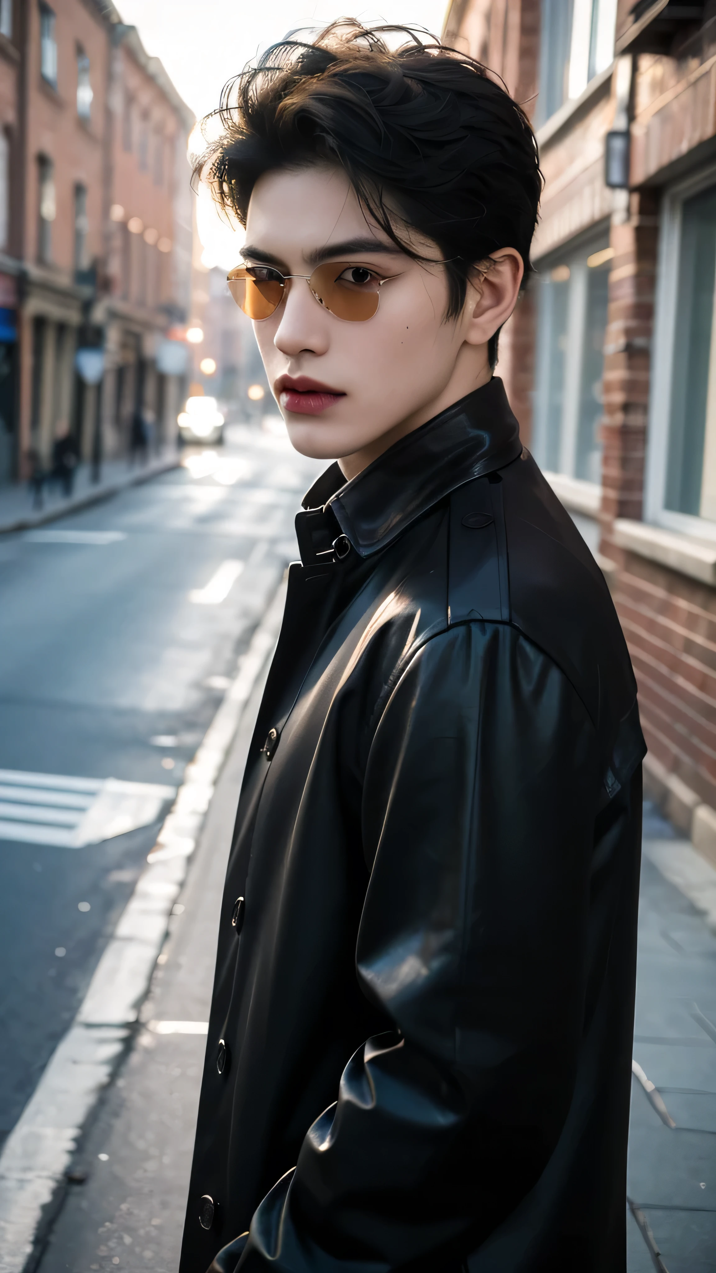 ((highest quality, 8K, masterpiece: 1.3)), empty city street, Handsome boy in street fashion:1.5, ((25-year-old man)), well-groomed face, black hair color, thin face, (white skin:1.5), (((upper body))), black eyes, Super handsome, sexy eyes, Extra-fine face, handsome nose, small eyes and face, High resolution, detailed mouth, super slim, wearing a nice button-down shirt and black trench coat, wearing black boots, (((boy))), wearing steampunk sunglasses