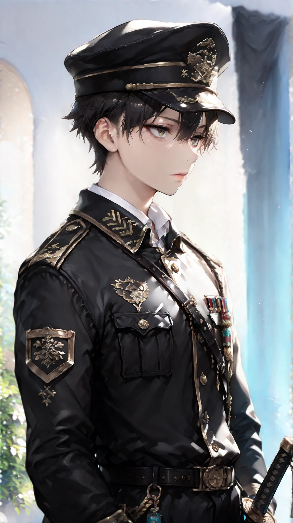 (masterpiece, Highest Quality, high image quality: 1.2), male, alone,(masterpiece, Highest Quality, Highest Quality:1.2), very detailed,most detailed ((Super Detail)), (very detailedCGイラスト), ((VERY DELICATE))、Collared Uniform 、 Japanese sword、 Simple Uniform 、Uniform cap、中年male性、50代male性、Bearded