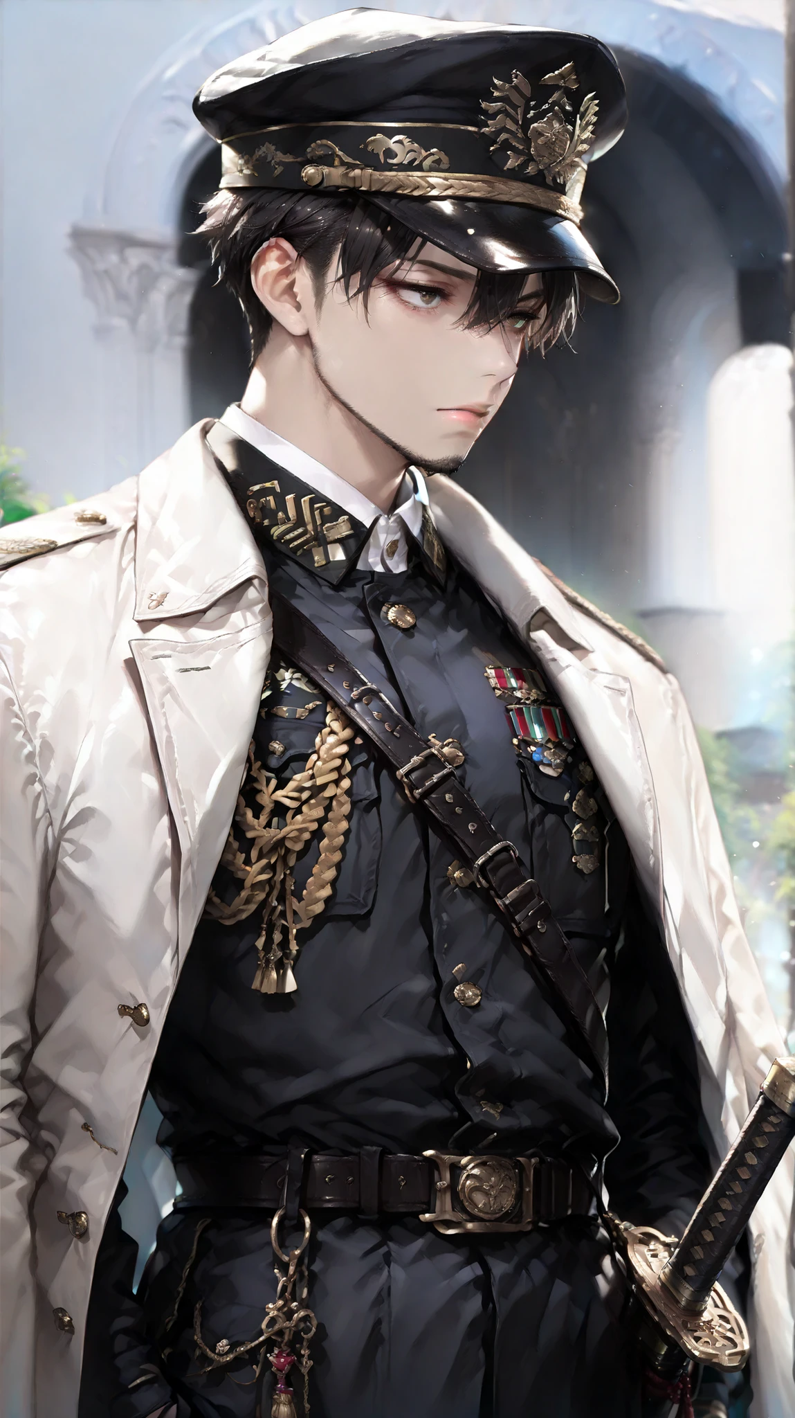 (masterpiece, Highest Quality, high image quality: 1.2), male, alone,(masterpiece, Highest Quality, Highest Quality:1.2), very detailed,most detailed ((Super Detail)), (very detailedCGイラスト), ((VERY DELICATE))、Collared Uniform 、 Japanese sword、 Simple Uniform 、Uniform cap、中年male性、50代male性、Bearded