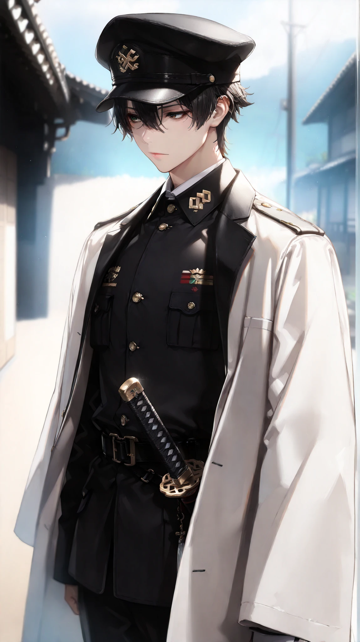 (masterpiece, Highest Quality, high image quality: 1.2), male, alone,(masterpiece, Highest Quality, Highest Quality:1.2), very detailed,most detailed ((Super Detail)), (very detailedCGイラスト), ((VERY DELICATE))、Collared Uniform 、 Japanese sword、 Simple Uniform 、Uniform cap、中年male性、50代male性、Bearded