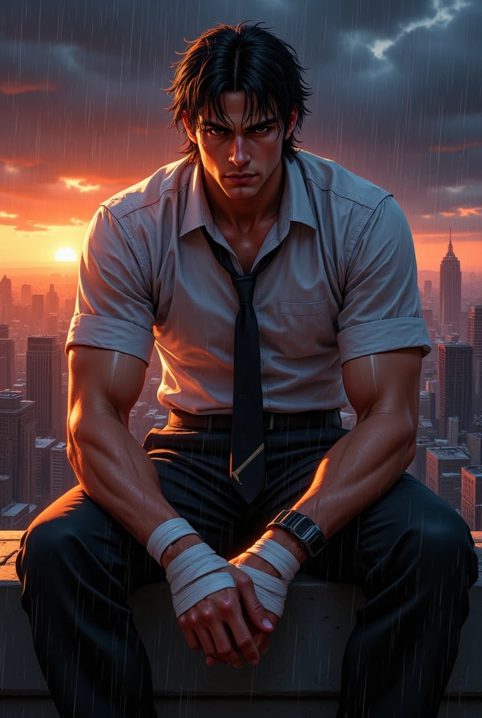 tmasterpiece,top-quality,Fat man with dragon tattoos all over his back,posterior view,Looks Back,Fat,musculous,I have a big belly,The face is large,brunette color hair,short detailed hair,little beard,Upper body naked,There are many wounds on the body,Torn black slacks,leather shoes,angry look,Blood dripping,full of sweat,Wet,Bathe in blood,Wear a blue flame,skyscraper,rain is falling,wet road,Steaming,full body seen,low angles