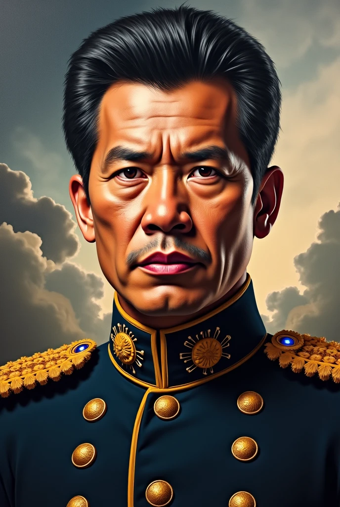 A captivating portrait of President Soekarno, the charismatic leader with a pipe in hand, sitting down. His age is marked by the wisdom lines on his face, which exude an aura of experience and authority. His attire is traditional Indonesian clothing, adduing a sense of cultural significance to the image. The pipe smoke curls gracefully into the air, creating a mystical atmosphere around him. The background is subtle and unobtrusive, allowing the focus to remain solely on the president's enigmatic presence. The portrait is rendered in hyperrealistic style, with intricate attention to detail, high resolution, and stunning colors that bring this historical figure to life. Add keywords such as Indones