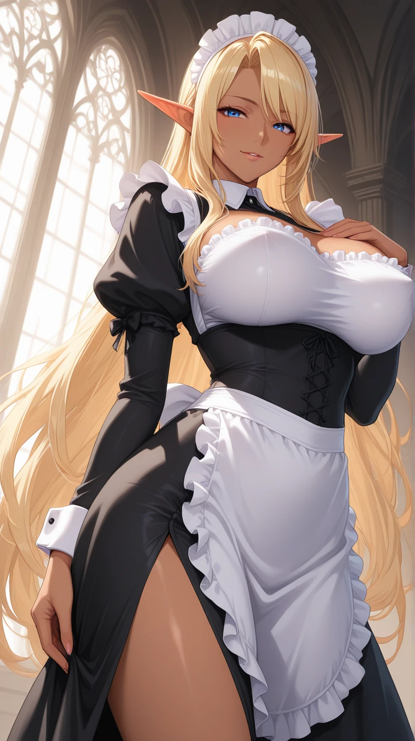 a black woman with big breasts and big thighs with blonde hair wearing an erotic maid outfit