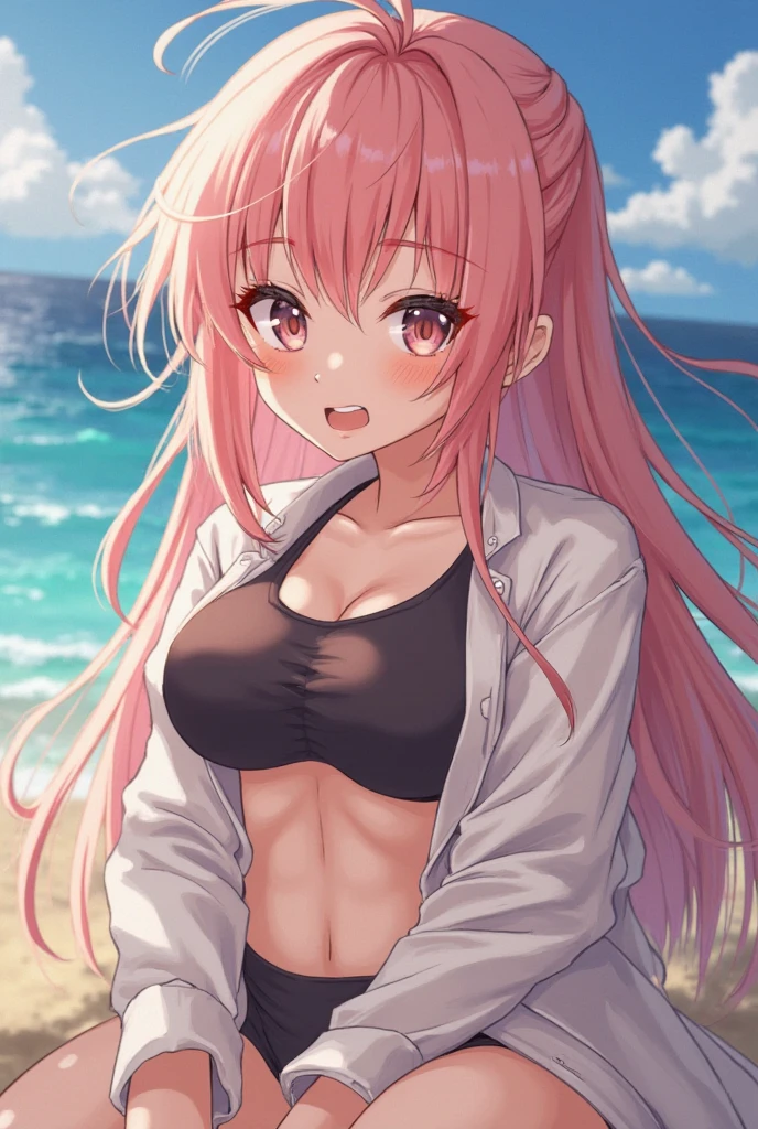((female)), (very messy hair), (sorriso feliz), Presas, ((abdominais rasgados)), Toned arms and legs, peitos pequenos, Sudorese excessiva, (Summer beach scenery), olhos azuis, iate no fundo,