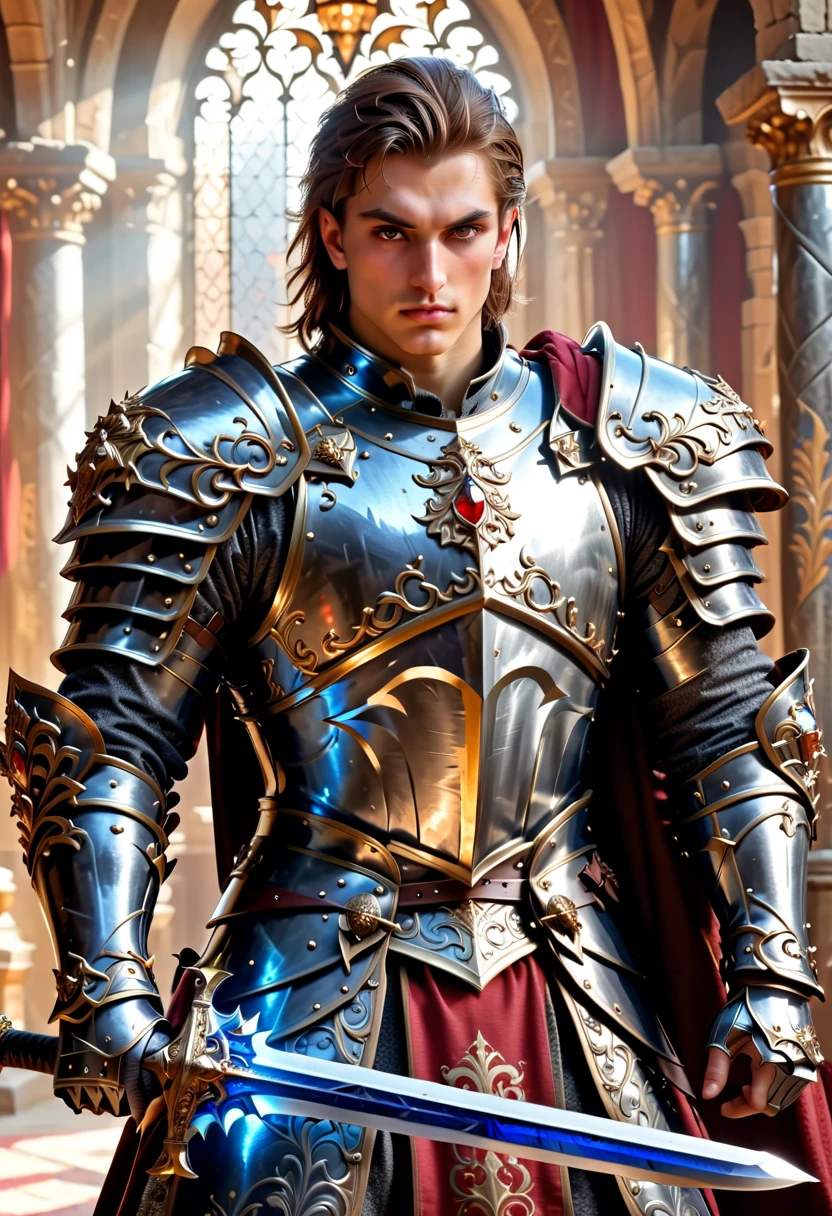 (Surrealism, retina, accurate, anatomically correct, masterpiece, super detail, best quality, 8k, super detail, extremely precise in every detail, beautiful detailed glow, beautiful attention to detail, beautiful detailed eyes), a young male paladin is standing confidently in a medieval English Loyal palace, wears metallic black armor suit decorated with carvings and deep-crimson steels, fully clothed in armor suit, BREAK, (holds a broad long sword firmly in his right hand, the blade of the sword is made from sapphire:1.2), BREAK, the armor suit is an intricately detailed design inspired by medieval fantasy, the armor suit features elaborate motifs and reinforced plates, evoking a sense of nobility and strength, the paladin's shoulders are protected by large angular pauldrons which transition into a broad chest-plate adorned with symmetrical embellishments, BREAK, (brown mohawk haircut), beautiful brown eyes, fine face, macho, cinematic lighting, frame from his knees to his parietal