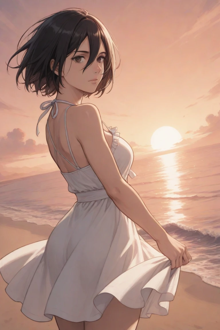 from_front, cowboy shot, SIRIS, evening_gown, black_hair, ponytail, ahoge, yellow_eyes, 1girl, solo, standing, looking at viewer, afternooners, beach,sea, dappled_sunlight, (masterpiece,best quality,beautiful and aesthetic:1.2), <lora:SIRIS-v1:0.6>