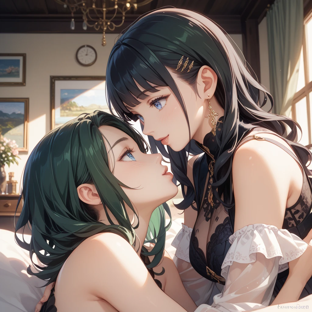 Two girls　Eroi Dresses　They hug each other and capture one person.　breast smothering　On a plush bed　Lovely room　large full breasts　I bury my face in my chest and suffocate.　boob chalk