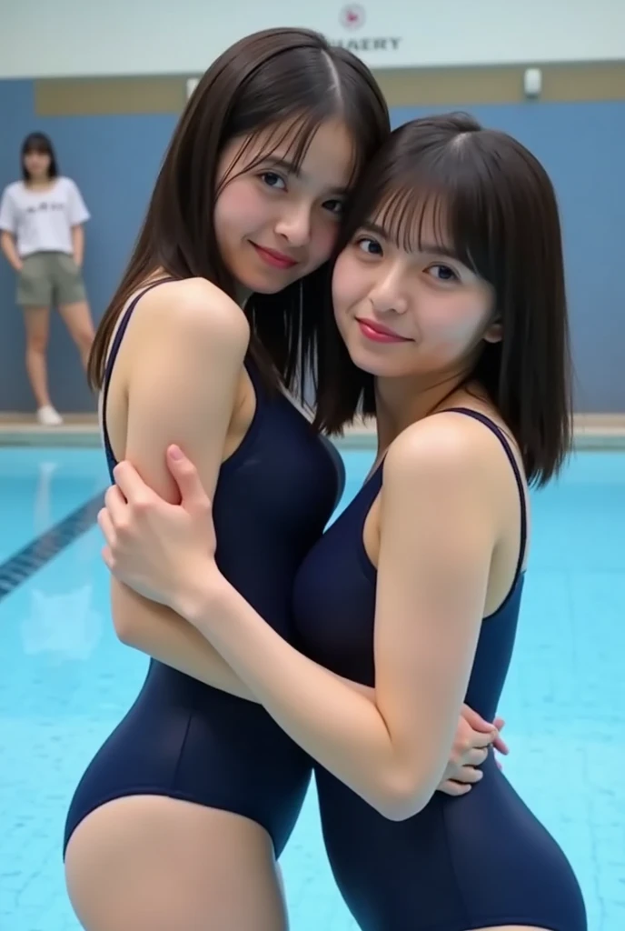 Highly Detailed CG Unity 8K Wallpapers、highest quality、Super detailed、masterpiece、Realistic anatomical fit、Photorealistic and highly detailed cute girl、(((one person)))、younger sister、(15 years old)、Fair skin、Round eyes、Big Full Breasts、((Nipple protrusion))、Audience、Full Body Shot、See-through、((Close to the skin、The skin is visible through the skin、Thin fabric swimsuit))、((High leg))、Poolサイドで、Pool、Different poses