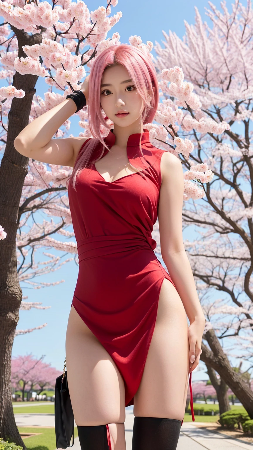 (masterpiece, best quality, cinematic, photorealistic, ultra-detailed), (1girl, Sakura Haruno), (medium shot, from front:1.5), (wears a sleeveless red qipao dress that reaches her upper thighs, with white trimmings and a white circular design on the back, tied with a black obi), (wears black shorts underneath the dress, black gloves, and pink elbow and knee protectors), (ninja sandals), (pink hair, medium hair), perfect hands, perfect face, (firm small breasts), (seductive pose), (green eyes, soft and shimmery eyeshadows, detailed pupils, defined eyelashes), (blushing, slightly parted lips, fluffy lips, red lips), (gradient background), (looking at the viewer, chin up), (standing, sensual pose), burning hot chic, (leaning at the wall)