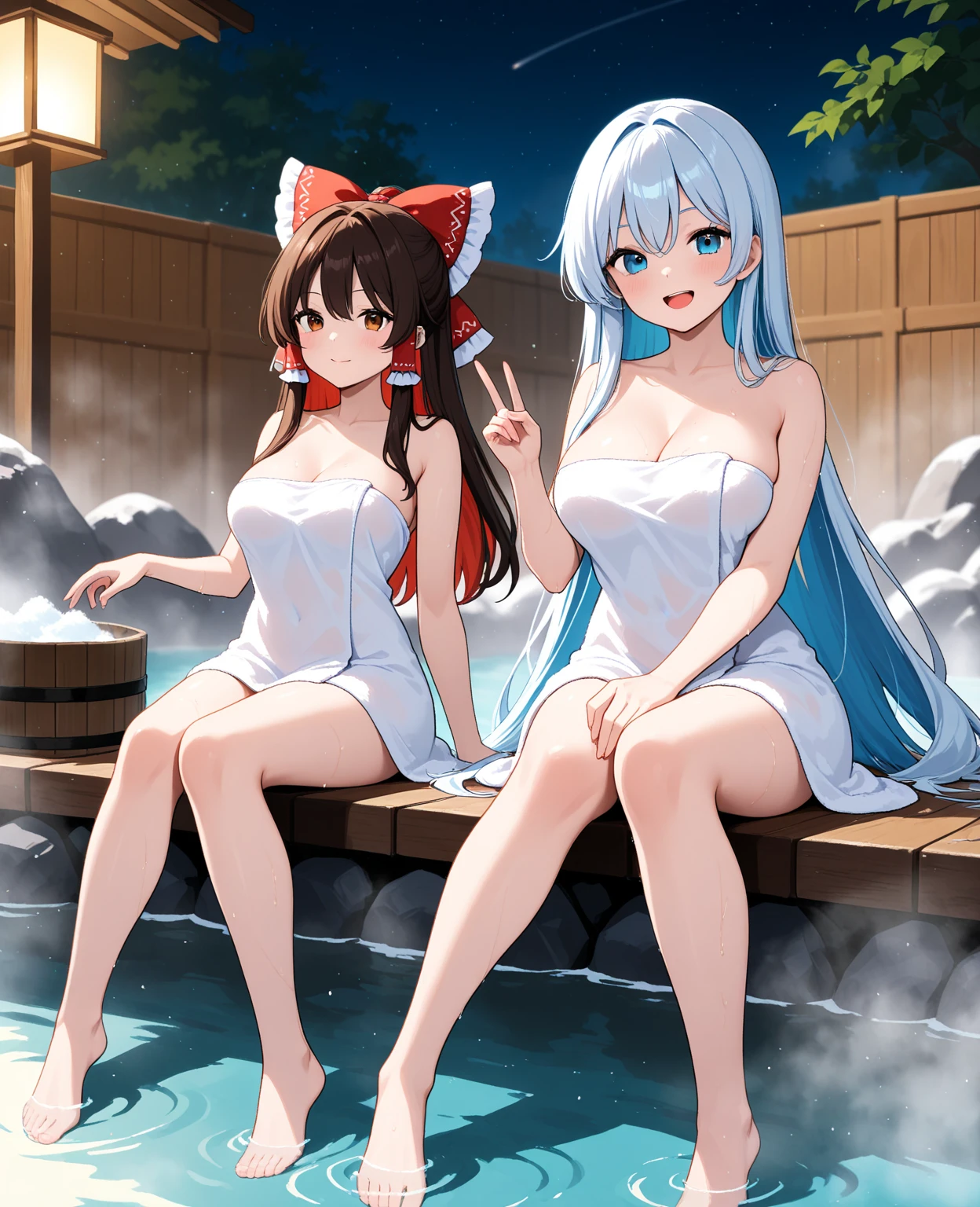 masterpiece, highest quality, highest resolution, clear_image, detailed details, White hair, long hair, cat ears, 1 girl, red eyes, naked, snow, cherry blossom, hot spring (in a snowy cherry blossom hot spring)