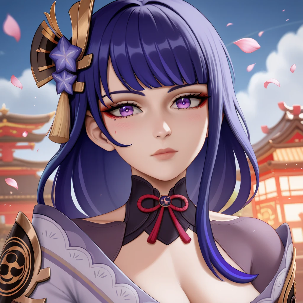(masterpiece:1.2), best quality,pixiv,midjourney,
1girl, solo, raiden shogun, purple eyes, long hair, japanese clothes, breasts, looking at viewer, braid, kimono, purple hair, sash, hair ornament, cleavage, bangs, jewelry, earrings, obi, mole, braided ponytail, purple kimono, vision (genshin impact), upper body, mole under eye, closed mouth, tassel, off shoulder, large breasts, shoulder armor, very long hair, long sleeves, red ribbon, ribbon, armor, from side
<lora:midjourney:1>