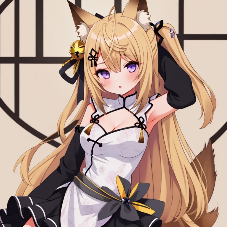 (masterpiece, best quality:1.2), nsfw, girl, 1girl, solo, kokuri, 1girl, solo, purple eyes, ahoge, brown blonde long hair, hair ornament, hair bell, hair ribbon, hairclip, white chinese clothes, cleavage, cleavage cutout, black frilled skirt, detached frilled black sleeves, fox girl, fox ears, gray belt,  <lora:Kokuri_23:1>