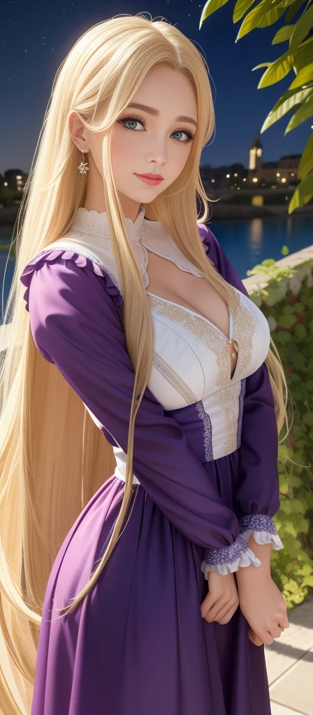 1girl, yamanaka ino in anime naruto, long hair, yellow hair, green eyes, smile, beautiful, sexy dress, sexy clothes, purple clothes, very big breast, realistic clothes, detail clothes, outdoor background, ultra detail, realistic