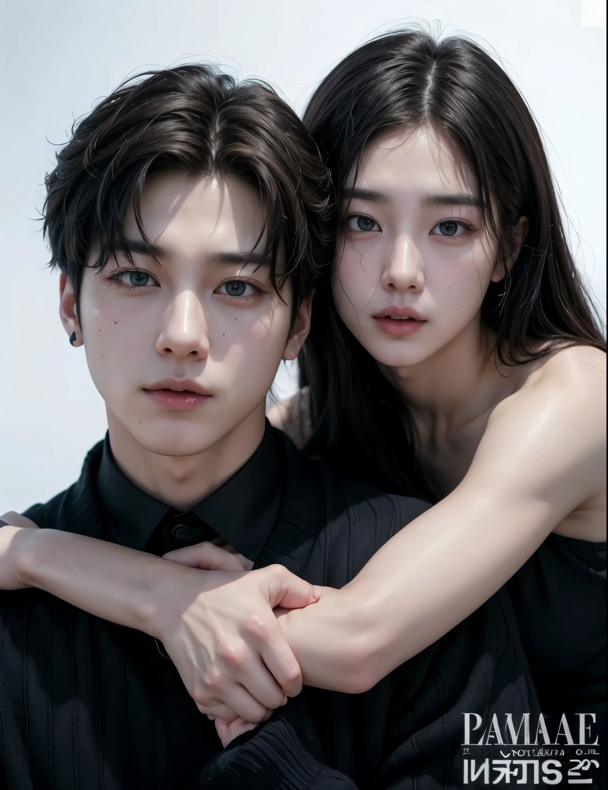 A 21-year-old Korean man, BTS singer style, wet hair, taking a selfie, next to a beautiful Korean girl, with makeup, in a park having a picnic,
