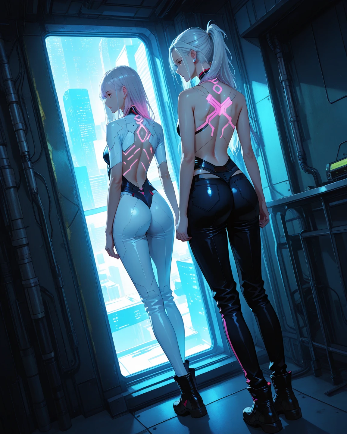 android 18, ((short blonde hair, bangs, glowing blue eyes, makeup, narrow waist, skinny, medium breasts, Transparent neon cover)), pelvic curtain, ((light black bikini)), full body, perfect body, (insanely detailed, beautiful detailed face, masterpiece, best quality) , (((solo))), (((1girl))), (((mature))), (extremely detailed 8k paper CG wall unit: 1.1), (street, cyberpunk, Electronics, night), (smile face for the viewer), big ass, underbutt, behind, from back