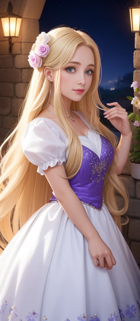 Princesa rubia, senos grandes, escotada, vestido morado, pelo largo, seductora