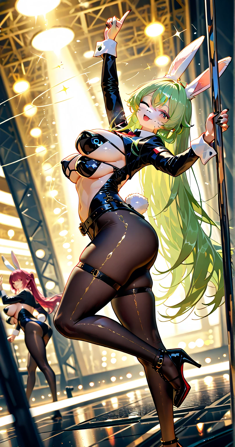 shot from behind, attractive and alluring female dancer is peforming in stage, shoulder-length green hair, wearing dark dress with a split in the center going down to her stomach and her navel and dark tights that reach halfway up her thighs, night club, slim, fit, sexy thighs, (insanely detailed, beautiful detailed face, masterpiece, best quality)
