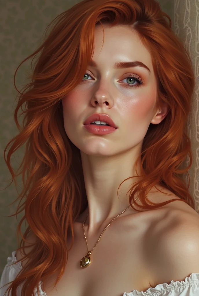 A woman with traits similar to Scarlett Johansson. Has long hair, wavy and red hair that cascades over her shoulders. Her facial features include high cheekbones, Full lips and almond-shaped, expressive eyes. The woman radiates confidence and elegance, with a soft, neutral background that emphasizes its striking appearance. A naked ager looks sadly into the camera lens, His body looks like that of a teen.. lace socks. In the bedroom. Open your legs wide.naked알몸.cuerpo naked.naked.See the conspiracy.open your eyes wide.Open your buttocks wide.