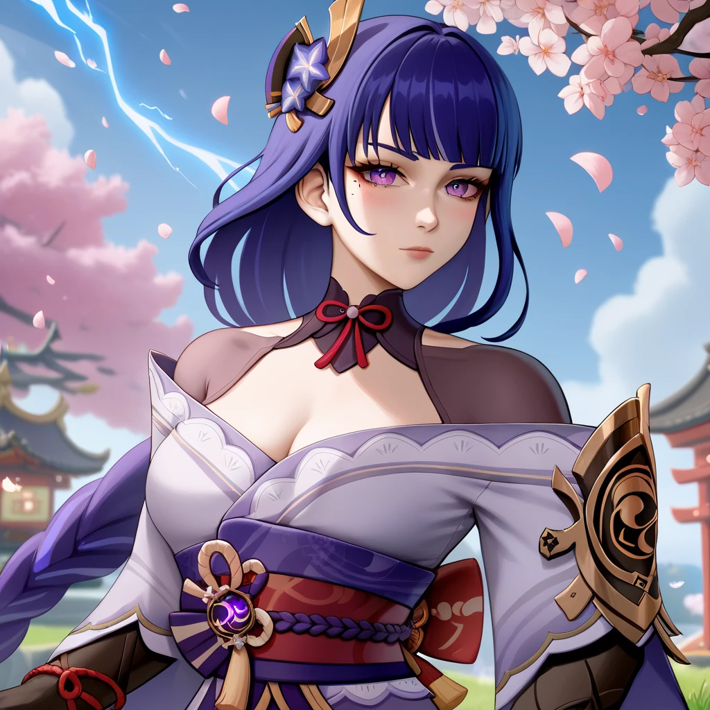 ((Upper body image:1.4))Japanese Shrines, (Highest quality，Realistic,masterpiece:1.2，8k wallpaper:1.2)，((Pale skin))，One Girl，women only，((raidenshogundef))，Lightning Particles，Purple Lightning，Light background，cherry blossoms，Purple Theme，Delicate facial features，Sexy and beautiful anime girls，General Raiden，Long purple hair，Rosy lips，Anime Mouth，shut up.，(Very sad face)，large breasts、Beautiful cleavage
