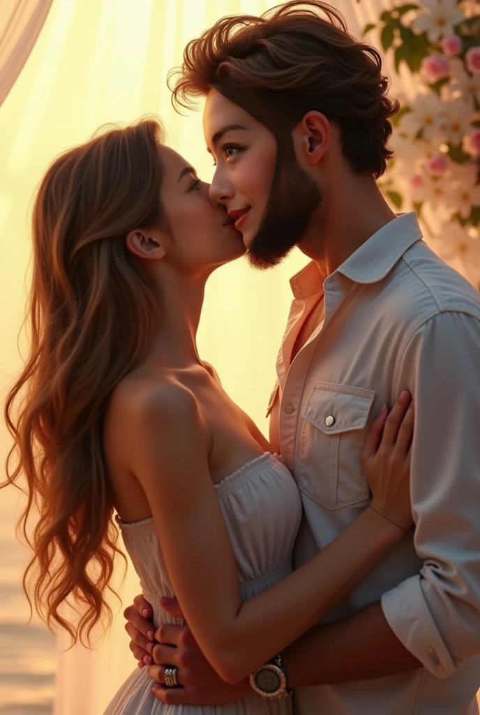masterpiece, best quality, extremely detailed, hyperrealistic, photorealistic, a beautiful 30yo woman, devotedly kissing and hugging a handsome man in the meadows, mountain, pink long sleeve shirt:1.2, ultra detailed face:1.1, long curly hair, blonde hair, (very huge breasts:1.3), (medium belly),