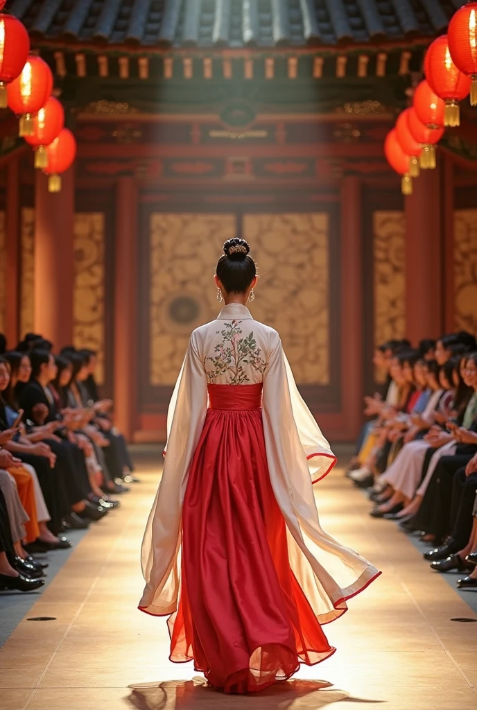 Beautiful models walk the catwalk，Follow the steps to create a model。Wearing Ming Dynasty Hanfu clothing，Long rose print dress，princess dress，A super chic vintage court style dress，long skirt，Maxi skirt，Big Mimi，ชายlong skirtชิดพื้น，The style is a haute couture outfit from Hanfu Fashion Week.，Advanced customization，Personalization，Fashion show model，A grand show，There is a tulle decoration on the skirt.。There was a necklace around his neck.，short hair with details，My hair is curled up.，hat，Big eyes，Very beautiful and seductive.，((There was only one model walking the catwalk.))，Men and women make up the majority.，The catwalk was covered in flowers.，The background is covered with flowers.，The model has a smile on her face.，stand on your feet，The pose is graceful and elegant.，Realistic photo images，8ก, Hyper HD, Masterpiece, correct, textured skin, Highly detailed, best quality, won，Long-range shooting，Sense of distance