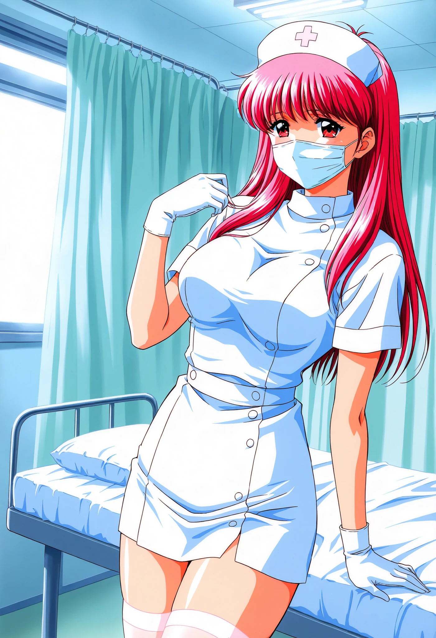 Score_9, score_8_up, score_7_up, source_anime, Fujisaki_Shiori(Tokimeki_Memorial), 1girl, solo, long hair, red hair, red eyes,pink hair, bangs, large breasts, (best quality), (high quality), {masterpiece}, extremely delicate and beautiful, ultra-detailed, beautiful detailed eyes, nurse, nurse hat, ((white nurse's outfit)), white gloves, white thighhighs, hospital room, ((white mask, mouth mask, covered nose)), standing