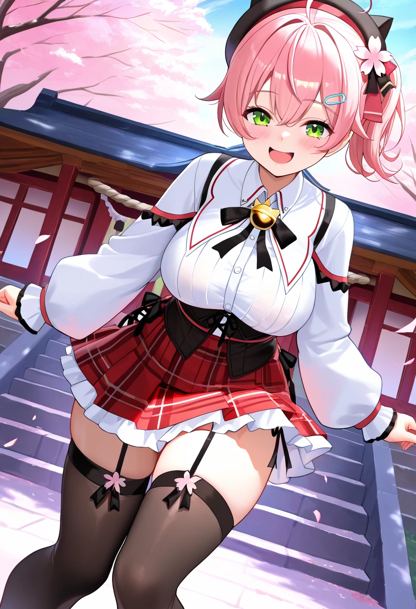 (masterpiece, Highest quality), One girl, Yunyun,Long Hair,Braiding,Twin tails,Hair between the eyes,Hair Ribbon,hair ornaments,Large Breasts,(Cape:1.2),tie,shirt,pink shirt,Long sleeve,belt,Pink Skirt,pantyhose,loafers,Brown footwear, ((Showing panties:1.3)), ((Magic Room:1.3)), Angle from below, Dutch Angle, Focus on panties