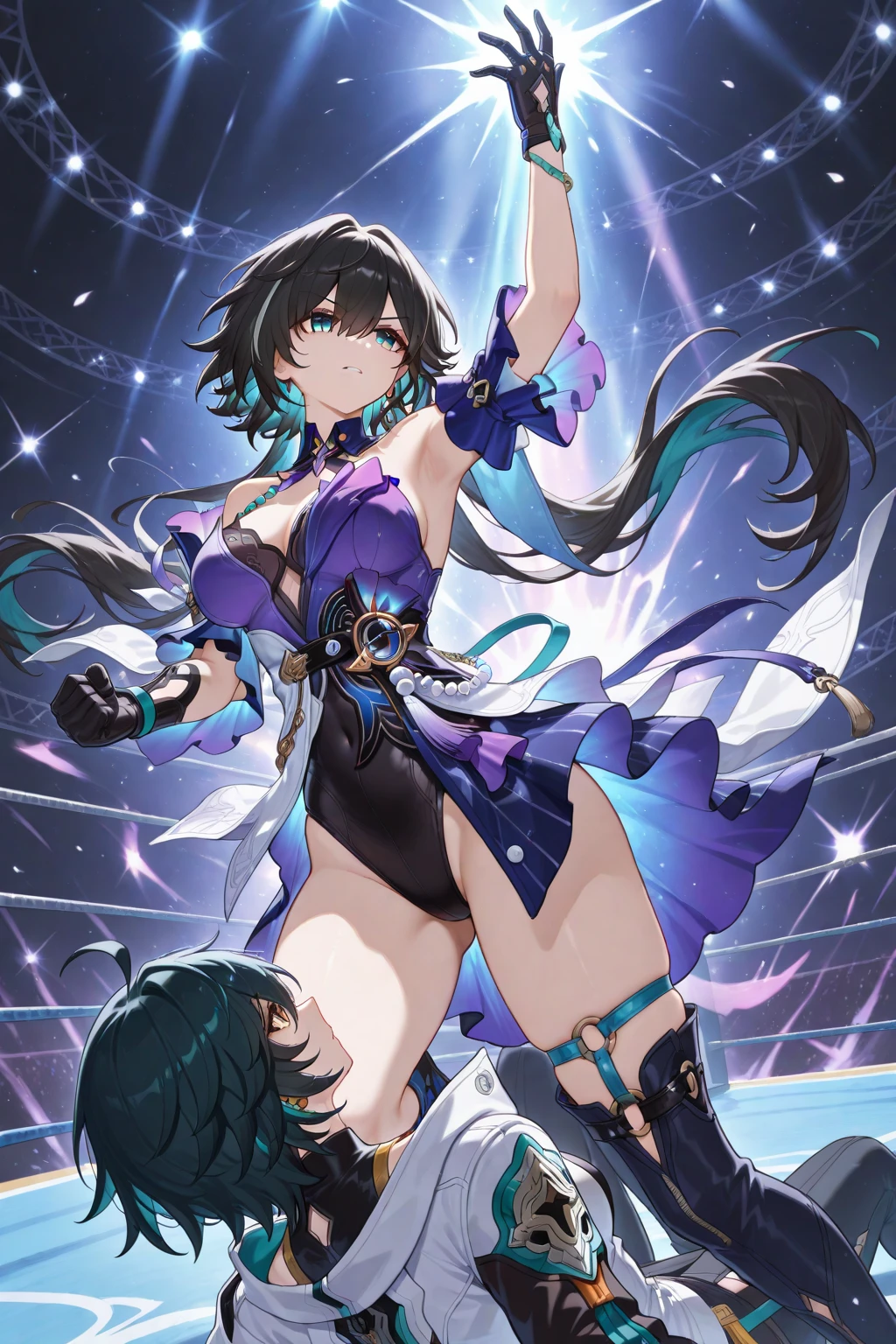 Anime black hair galaxy entity, she is dressed with an elegant black gown and wears a collar with a magic circle in it. She has long hair, she looks divine, huge ass,.