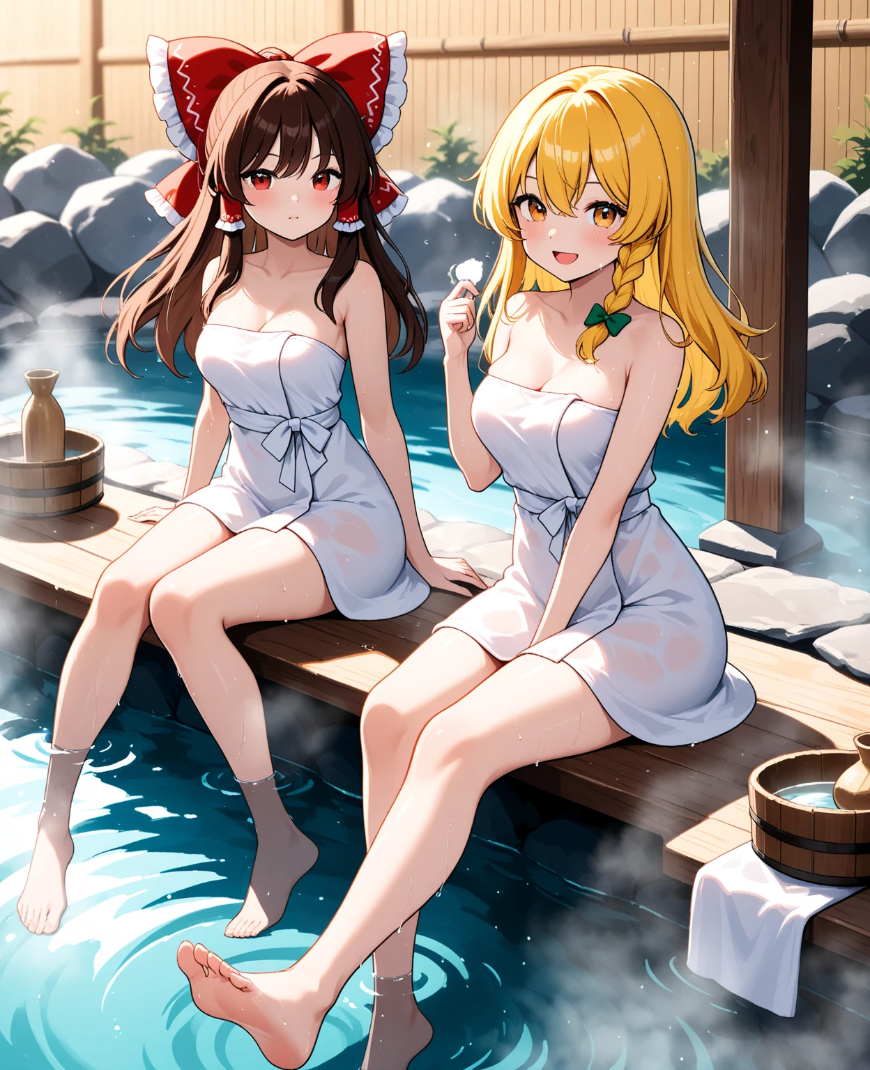 anime, 2 beautiful girls, standing, wearing bikini, D cups, 2 butt, 1 brown long hair, 1 blonde long hair, cleaning cats in bathtub