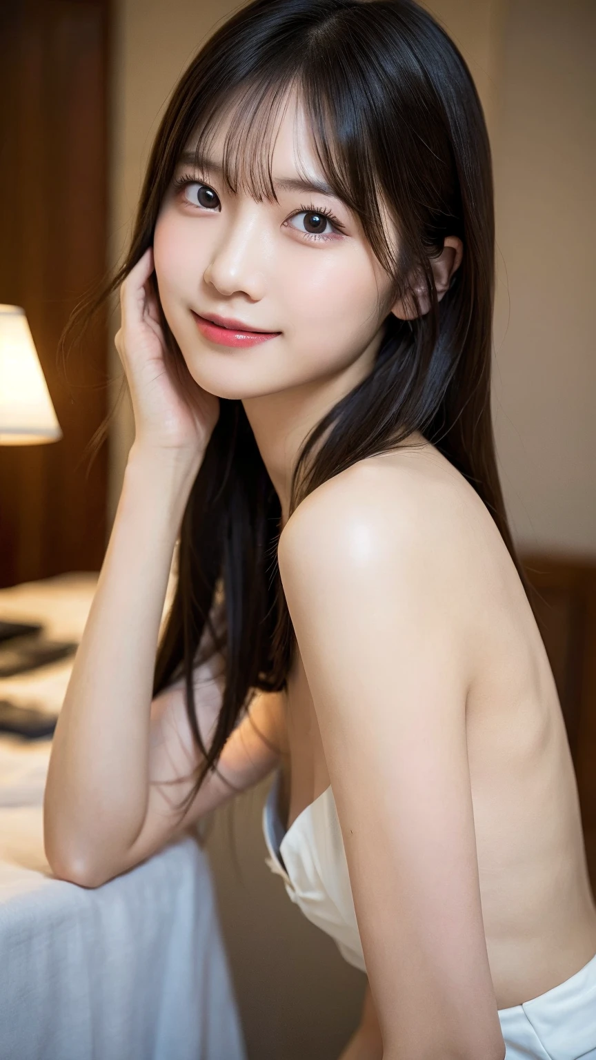 1girl in, Extremely cute, Amazing face and eyes, (extremely detailed beautiful face), (Ultra Realistic), (Highly detailed eyes, Highly detailed hair, Highly detailed face, Highly detailed plump lips), Naked, (off shoulders), breasts, Upper body, Search Smile, (Best Quality:1.4), Raw photo, (Realistic, photo-Realistic:1.37), Professional Photography, Cinematic Light,