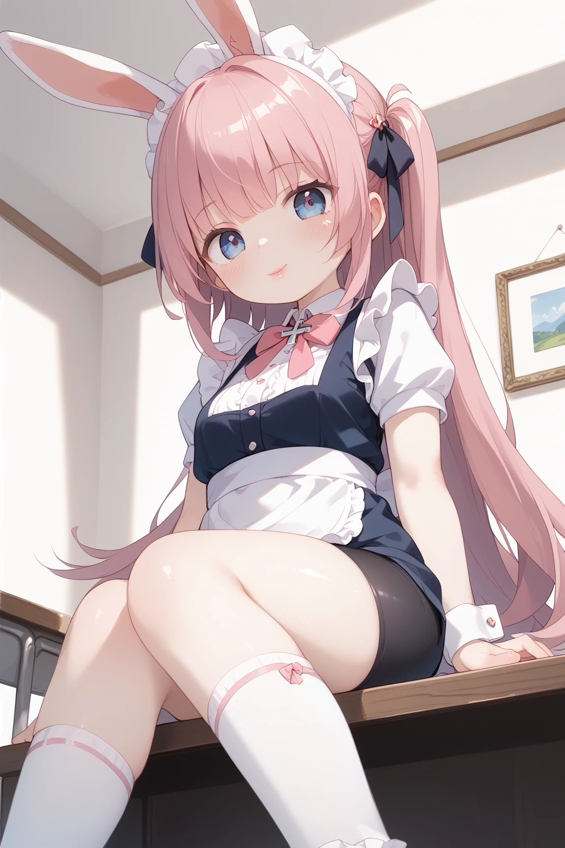 1bunny, (Feminine), hot body, solo, masterpiece, rustic wooden room, scenery, (female bunny:1.2), ((entire body white fur over skin)), ((long pink hair)), pink eyes, (wearing ((blue)) japonese high school uniform), ((high colors))