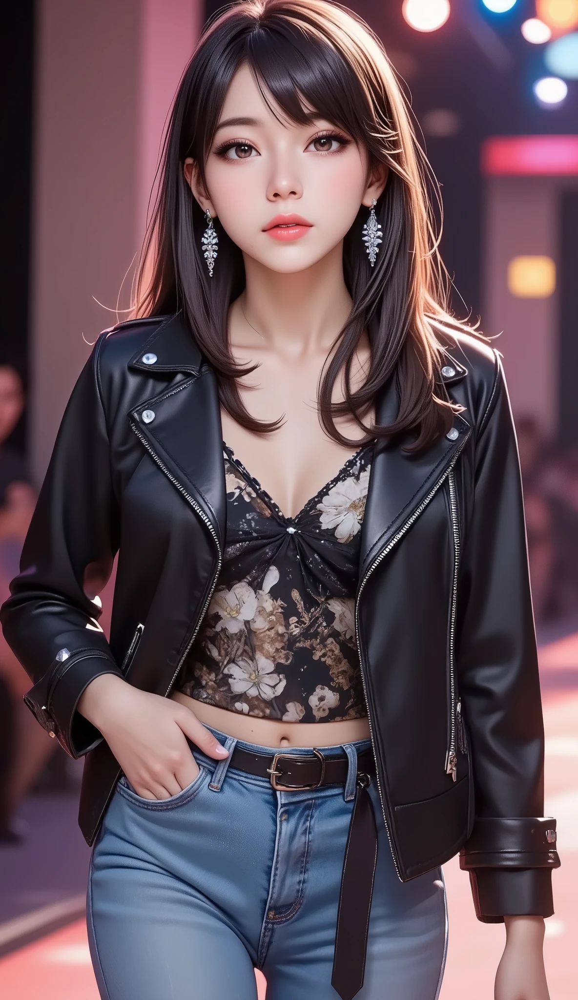 Beautiful Japanese Waifu, early 30s, brunette hair, large ear rings, white lace bra, leather jacket