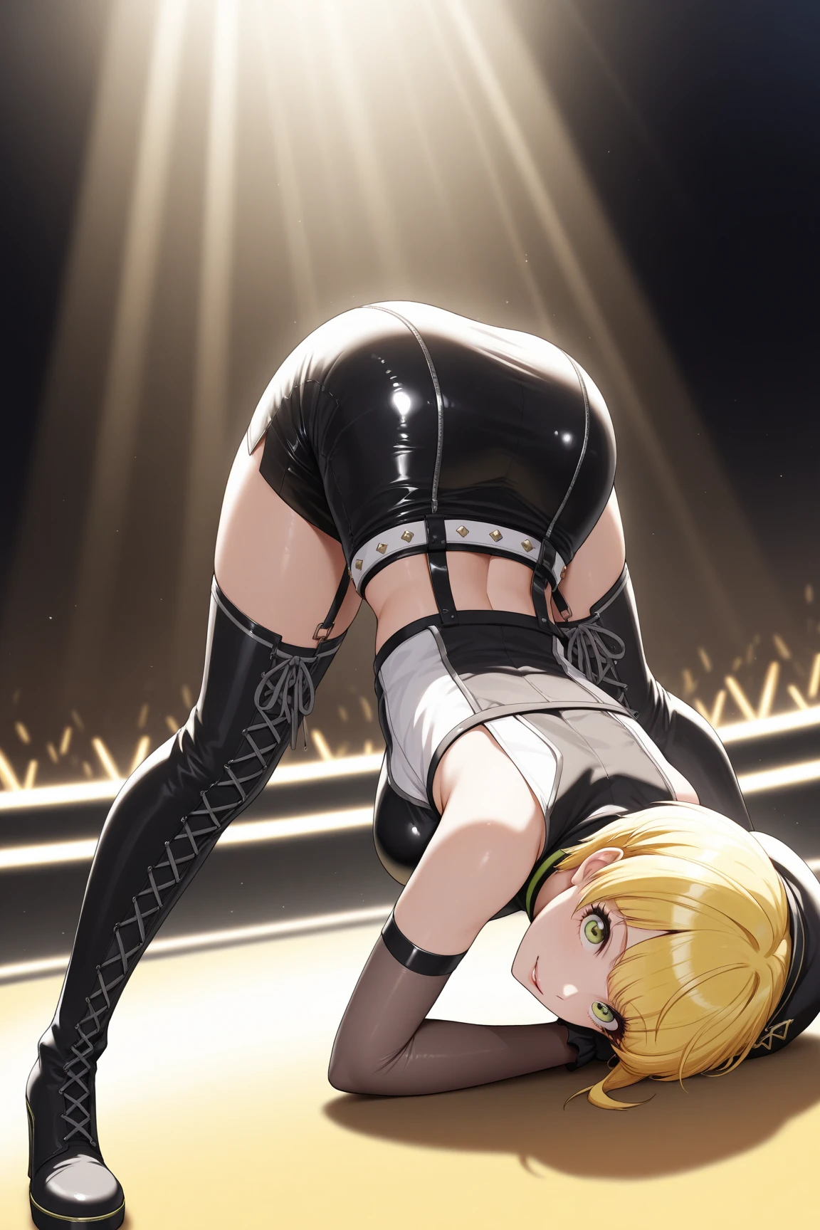 A young girl in a super mini skirt at a live concert,Amazing muscular thighs,Seat height 100cm,65cm below the thigh,Sit on a chair and sing with your legs wide apart,Pants are visible,3D anime style,Singing while having sex,Crotch exposed,Panties and pussy,