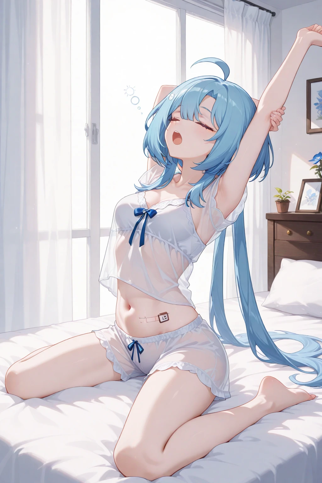 (Best quality, 8k, 32k, Masterpiece, UHD,:1.2),RAW, 1girl,ultra cute , natural lighting,transparent shining eyes, 20yo,medium breast ,fair complexion ,flushed face,all fours, all fours, ((pastel blue)) ,on floar, embarrassed, high quality, string bra, short kilt skirt, lying down, , From Behind, Show off Panties, Panties Color is Pastel blue, emphasizing ass, ((Closeup Shot)), side braid