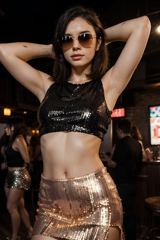 “Develop an HD Ultra Realistic image of Young Attractive Asian Woman Sophie Tan posing in a Y2K fashion scene. Sophie is outfitted in a glittery gold halter top and low-rise flare jeans with rhinestone details, paired with chunky platform heels. The backdrop features a retro nightclub with colorful strobe lights and a disco ball. Capture this image using a professional camera with a 35mm lens, highlighting Sophie’s dynamic pose and the sparkling textures of her outfit (1.3). The nightclub setting should be blurred to keep Sophie as the focal point, with post-production enhancing the strobe lights, adding a soft vignette effect, and using a vibrant color filter to match the Y2K editorial style (1.4).”
